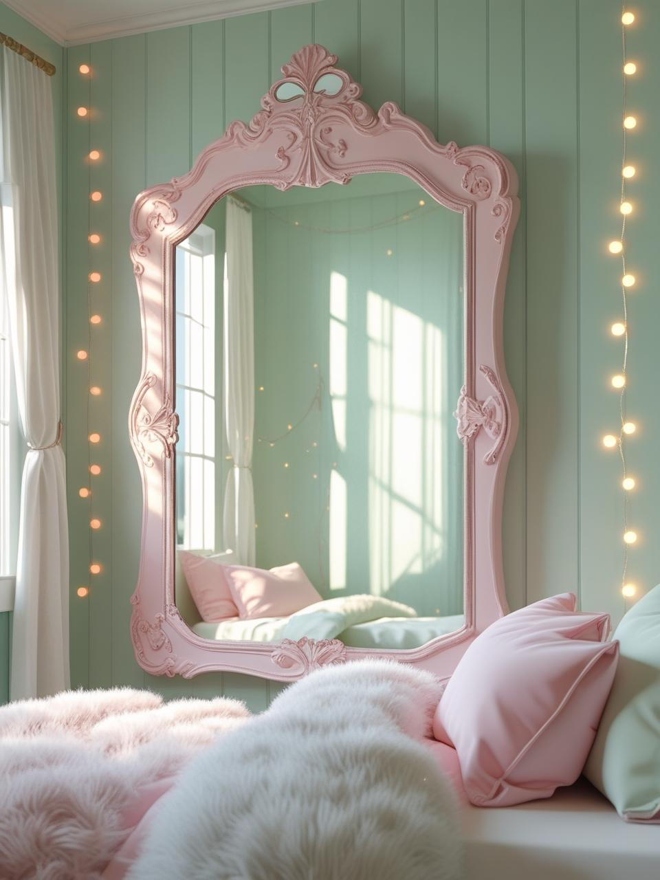 Girly bedroom aesthetic with decorative mirror reflecting soft light, pastel walls, and cozy decor.