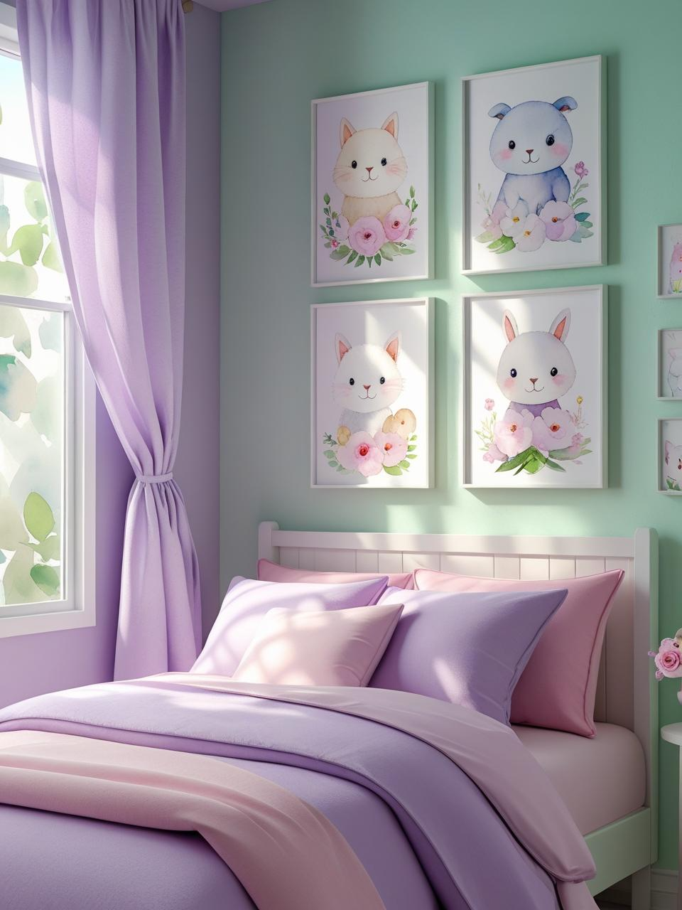 Girly bedroom aesthetic with framed watercolor art of friendly animals and flowers on pastel walls.