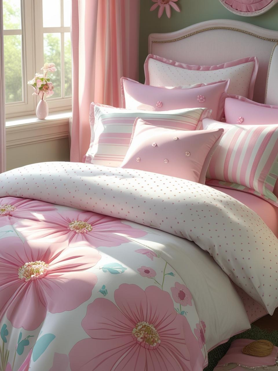 Girly bedroom aesthetic with large floral prints and small dot or stripe patterns in soft pastel colors.
