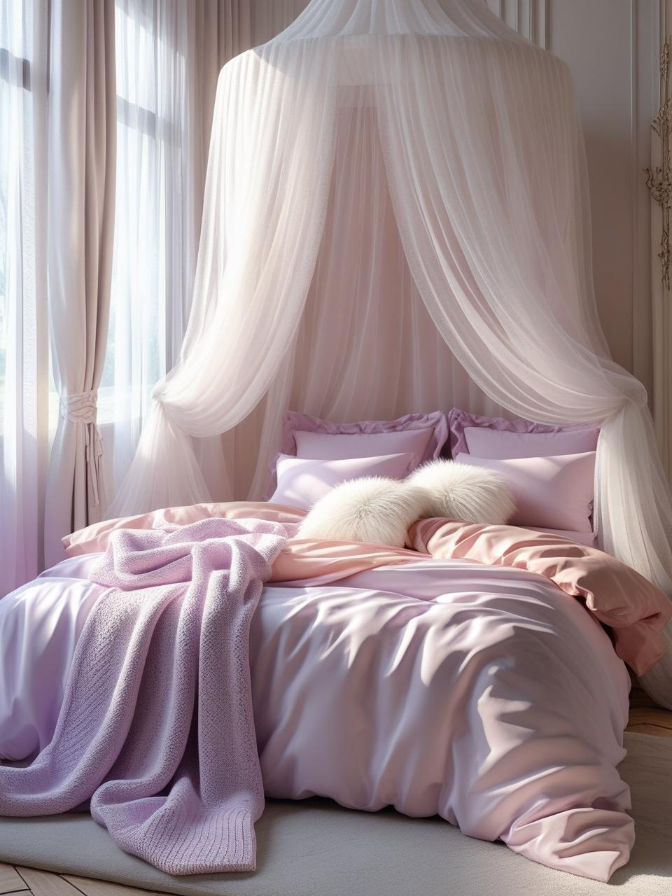 Girly bedroom aesthetic with pastel tulle canopy over bed, plush bedding, and a dreamy, fairytale vibe.
