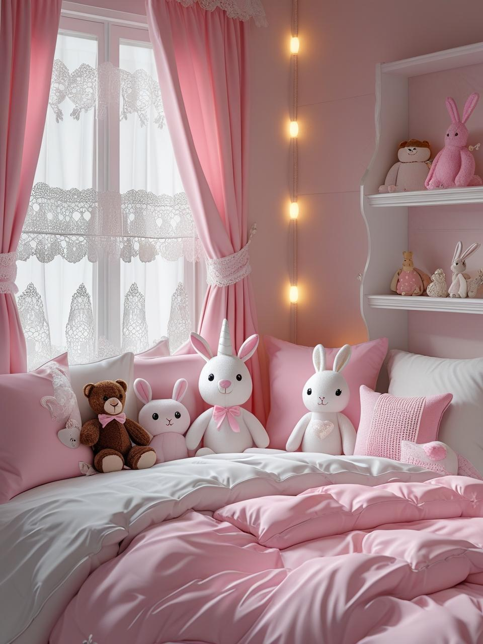 Girly bedroom aesthetic with pastel plush toys including unicorn, bunny, and teddy bear on bed and shelf.