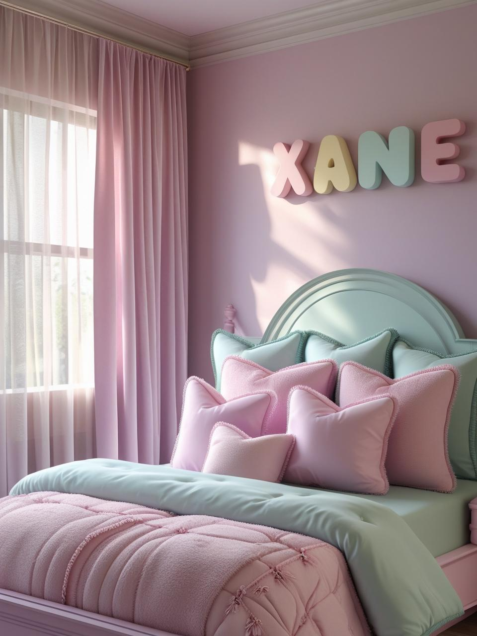 Girly bedroom aesthetic with pastel wooden name letters above bed, cozy bedding, and soft wall colors.