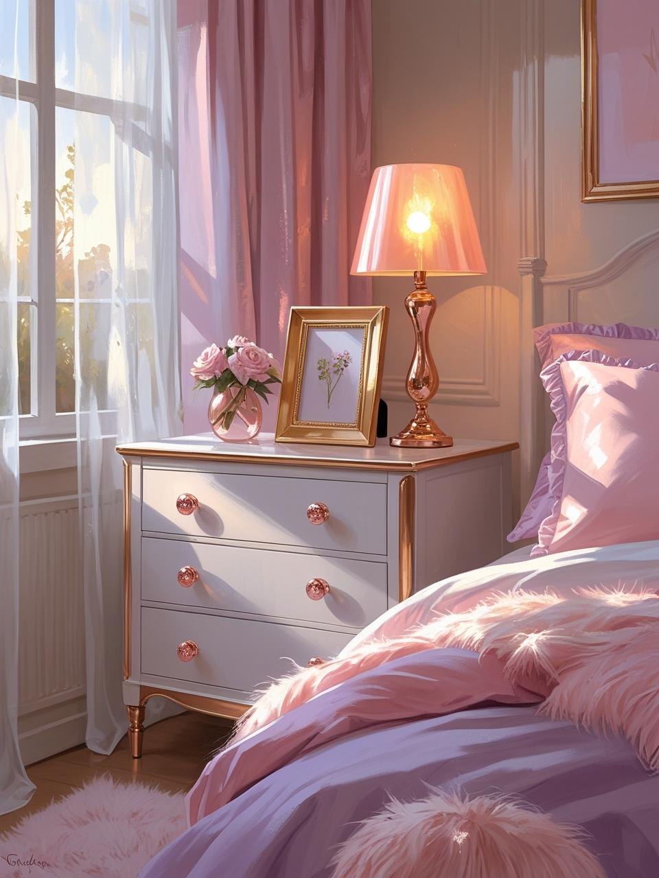 Girly bedroom aesthetic with rose-gold knobs, golden frame, and soft metallic lamp adding subtle shine.