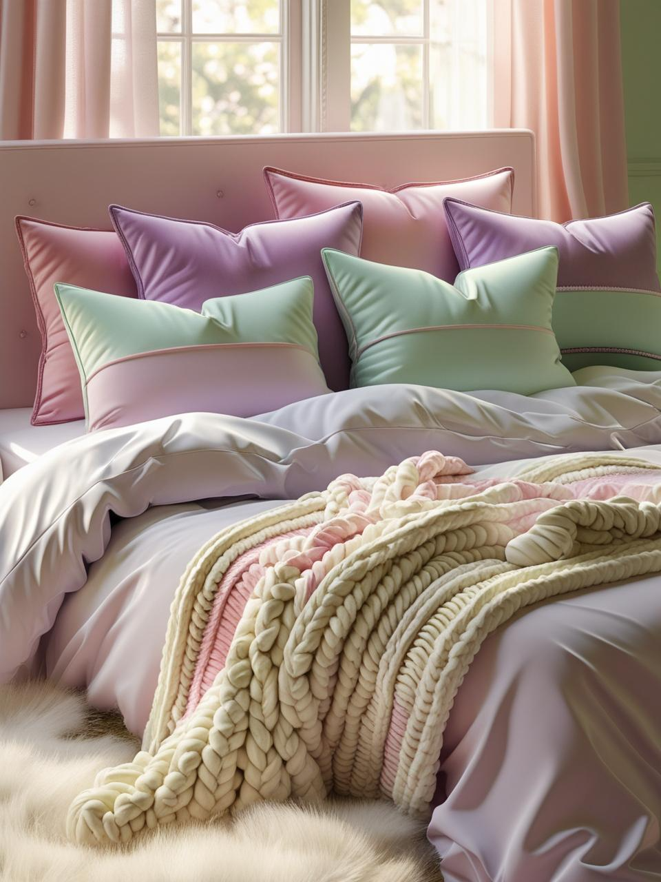 Girly bedroom aesthetic with velvet pillows, chunky knit blanket, and fluffy rug in soft pastel colors.