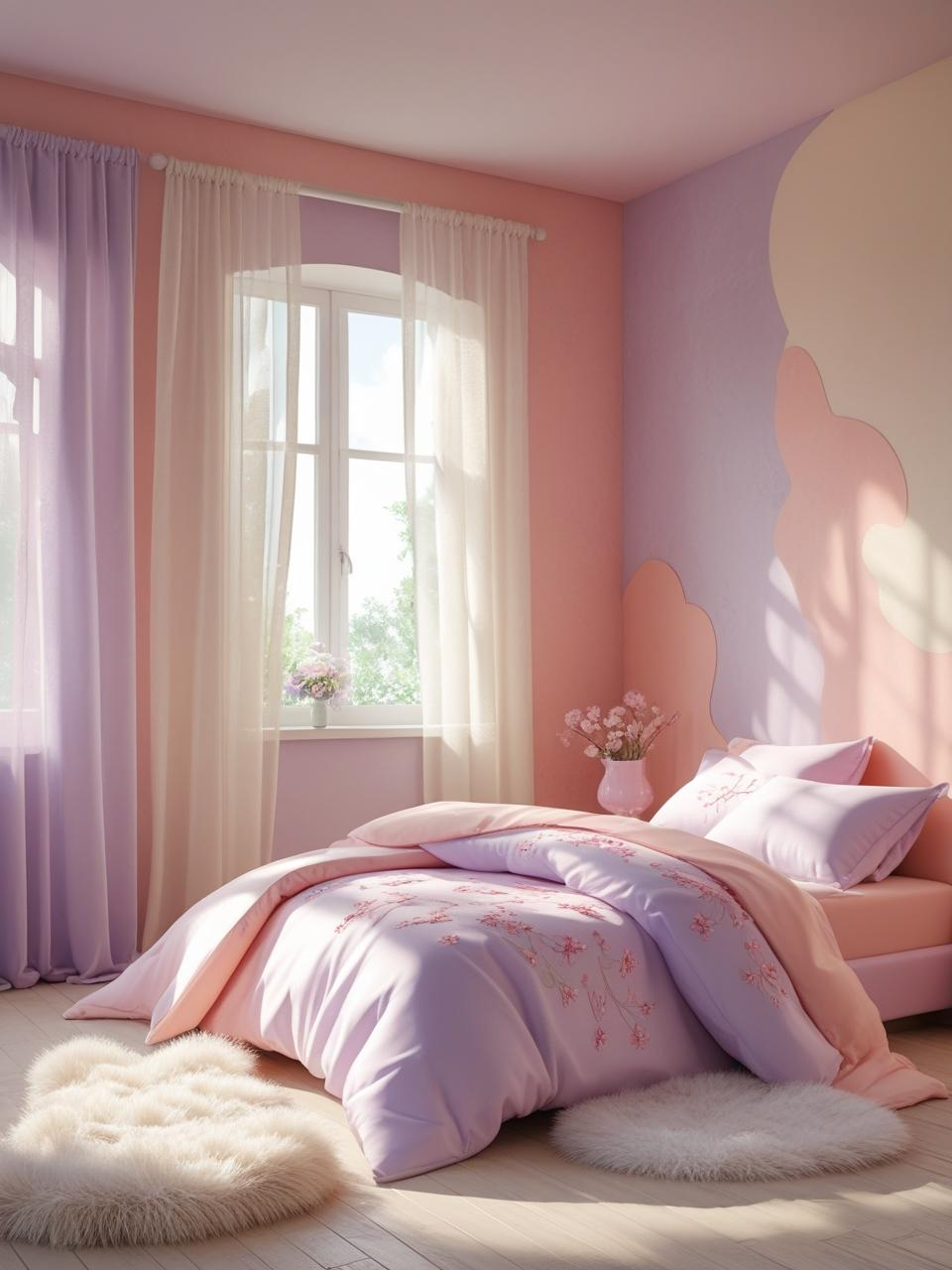 Girly bedroom aesthetic with blush pink, lavender, and peach pastel walls, cozy bedding, and soft natural light.