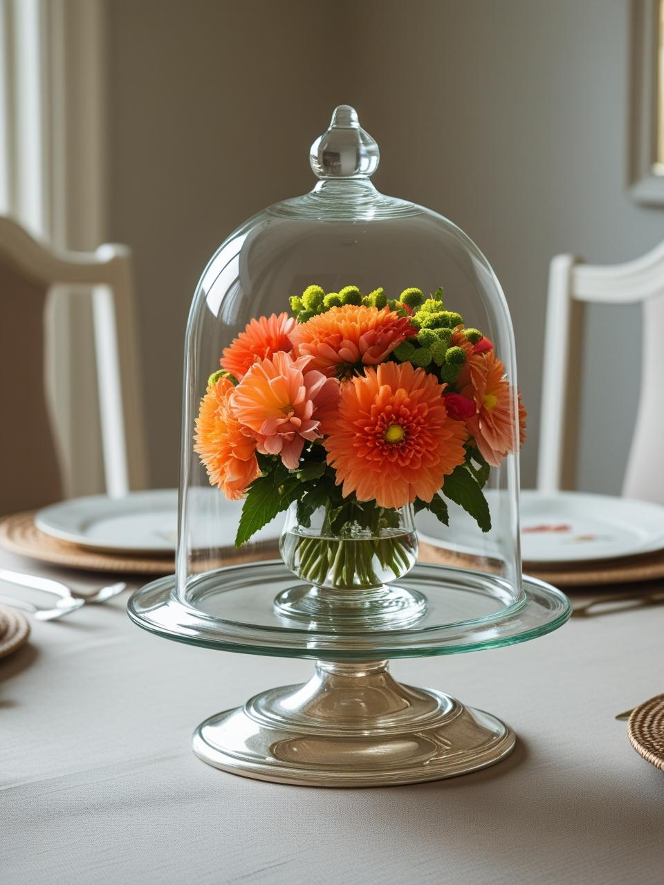 Glass cloche covering a small floral arrangement centerpiece on a dining room table – Dining Room Table Centerpiece Ideas.