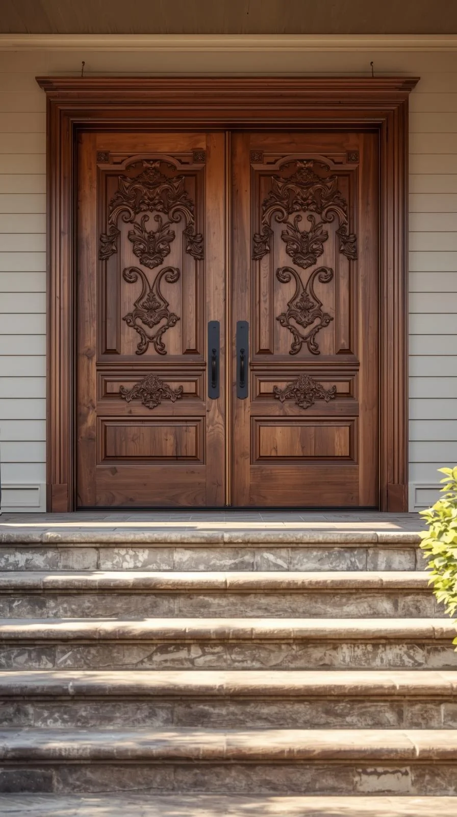 Grand wooden double door entryway with carved detail and natural wood grain, framed by stone steps and porch.