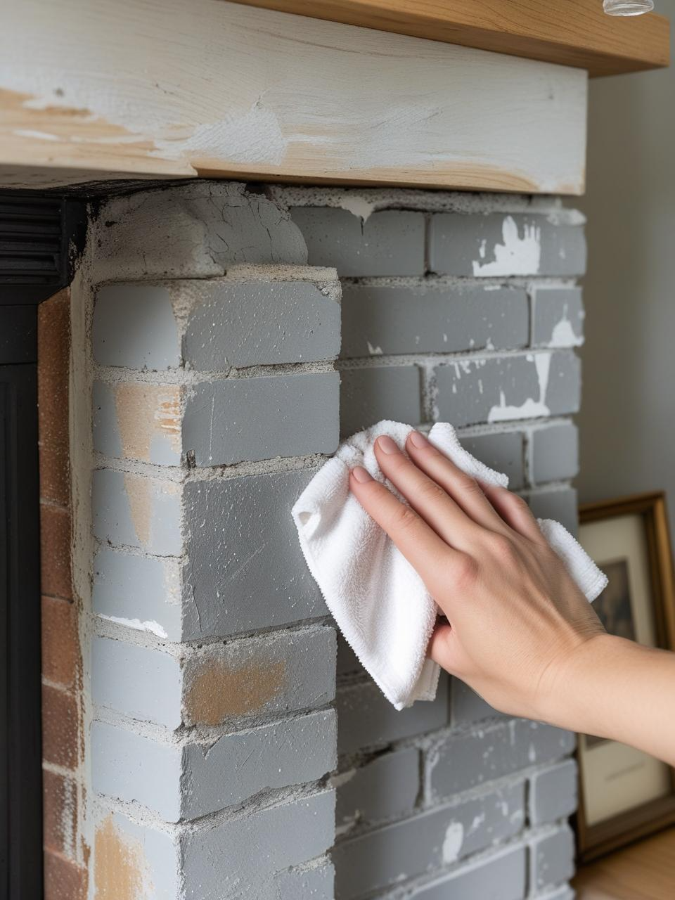 Gray brick fireplace being gently cleaned by hand, showing subtle aging, soft care, and seasonal refresh with natural decor.