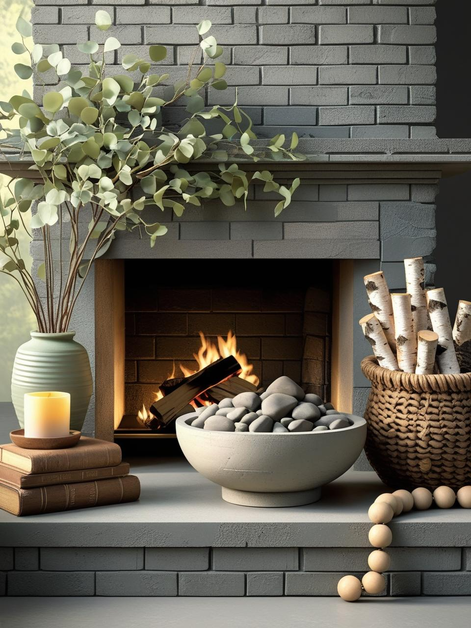 Gray brick fireplace hearth styled with earthy decor, greenery, river stones, and natural textures in a peaceful, cozy room.