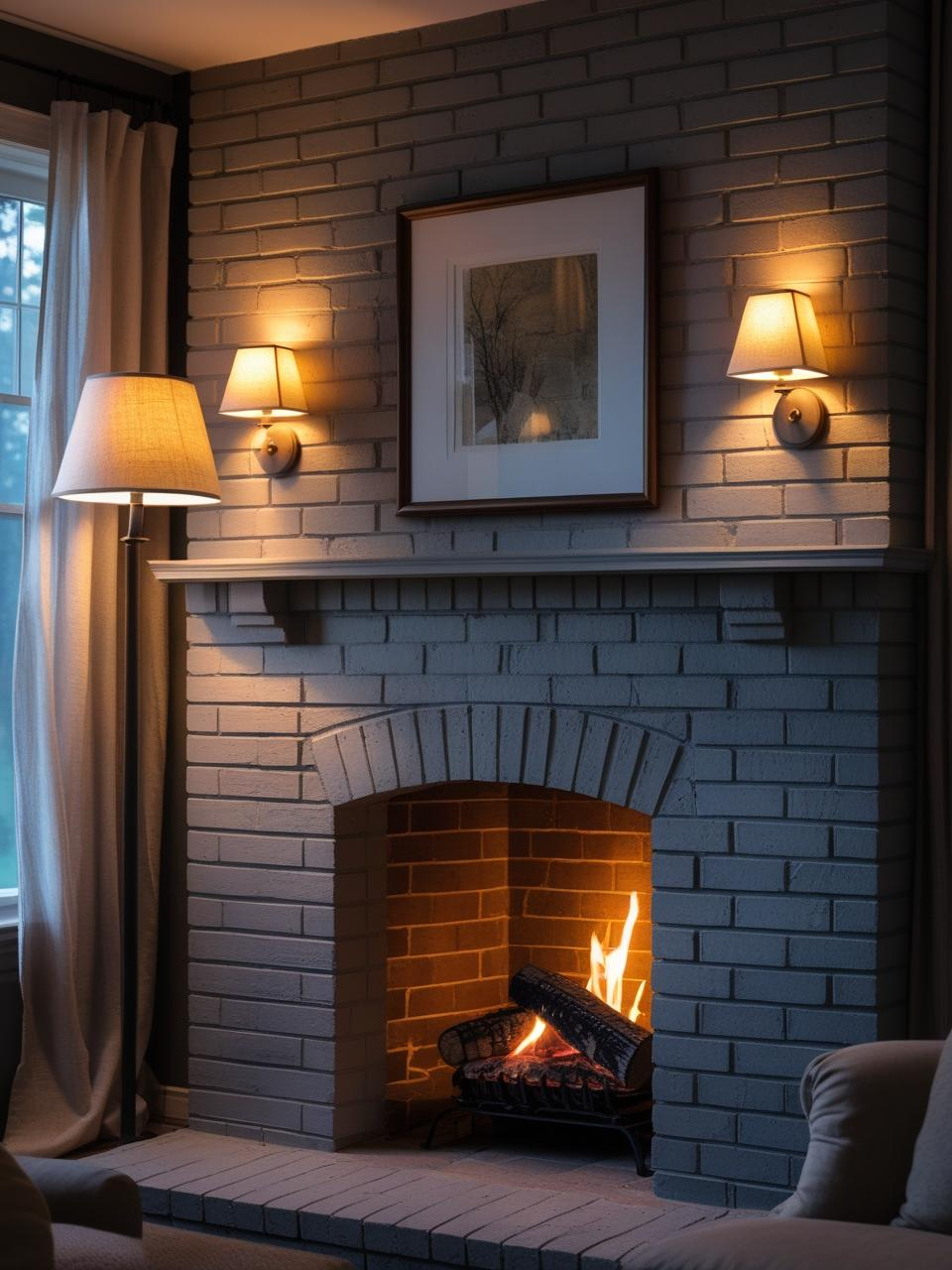 Gray brick fireplace lit with warm layered lighting from sconces, picture light, and a table lamp, creating a soft, glowing atmosphere.