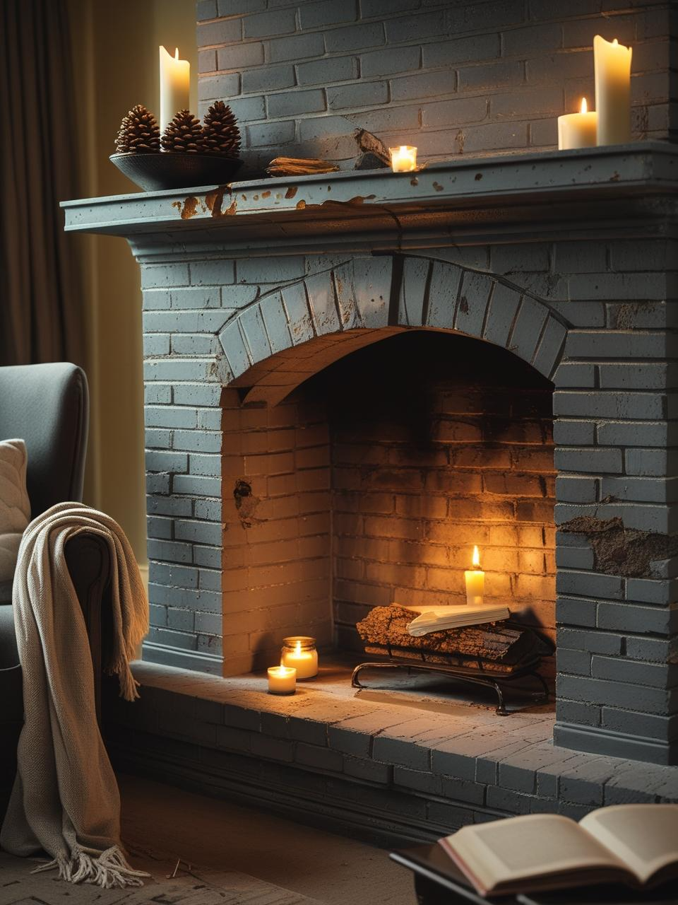 Gray brick fireplace styled with lived-in warmth, showing natural details like a half-burned candle and pinecones in a cozy home.