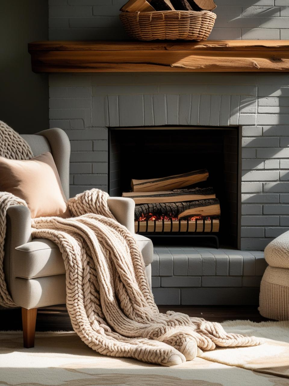 Gray brick fireplace styled with soft textures, warm-toned fabrics, and a cozy wooden mantel in a calm, neutral living room.
