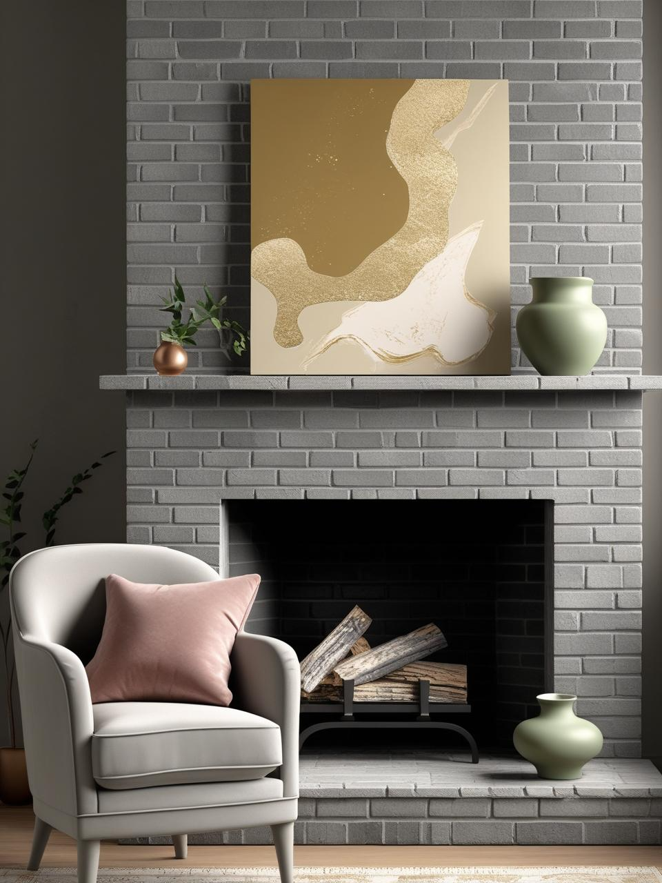 Gray brick fireplace with soft accent colors in dusty rose, moss green, and mustard, styled with subtle decor and neutral artwork.