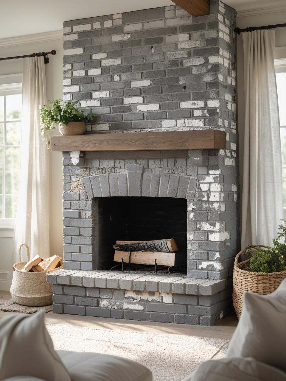 Gray brick fireplace with textured detail, soft lighting, and natural styling in a cozy, neutral-toned living room.