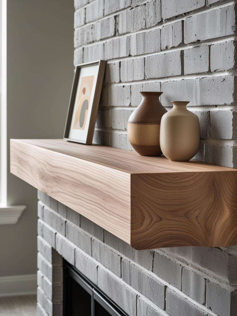 Gray brick fireplace with a warm wood mantel, styled simply with soft-toned decor in a balanced, neutral-toned living room.
