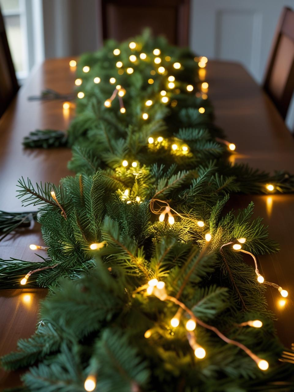 Green garland with tiny lights centerpiece on a dining room table – Dining Room Table Centerpiece Ideas.