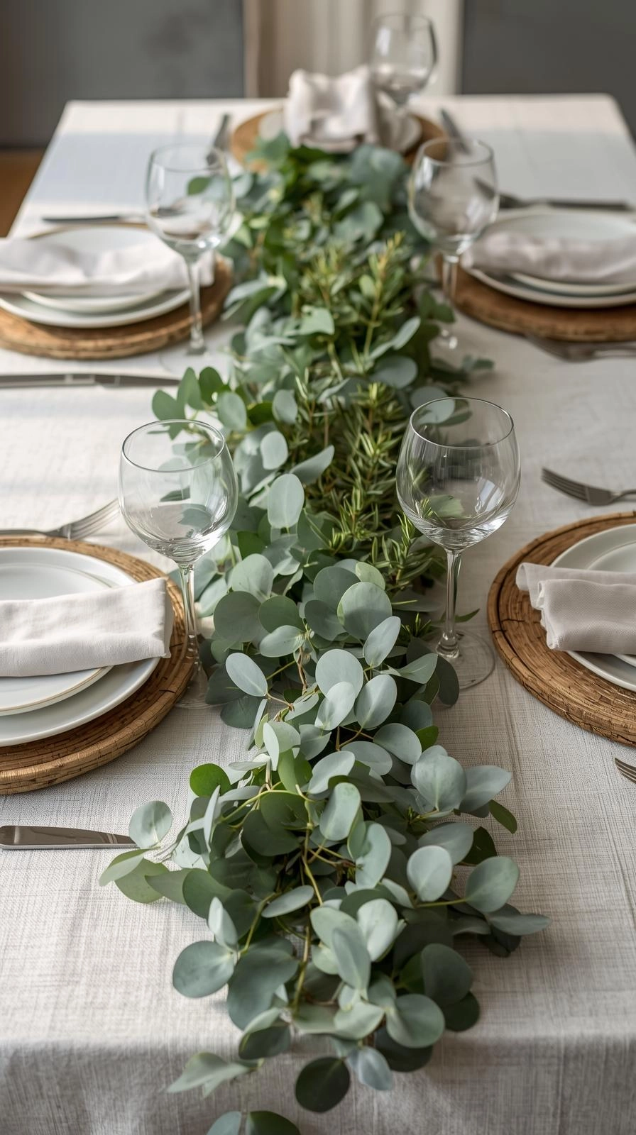 Fun natural table settings ideas with fresh eucalyptus and fern greenery runner creating a simple organic centerpiece for dining.