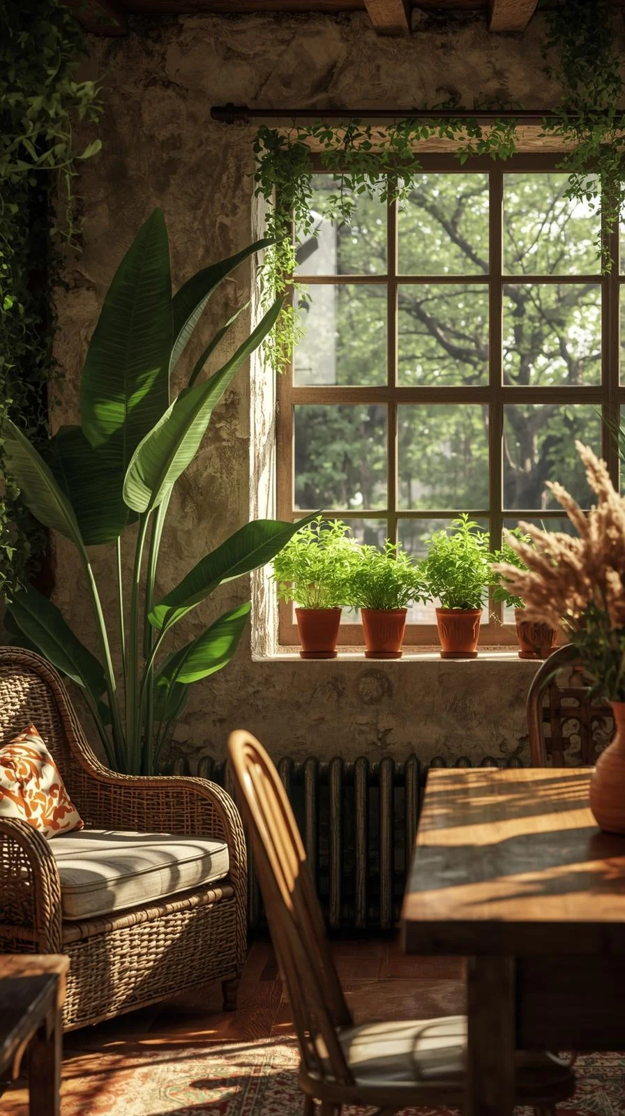 Earthy cottage home decor ideas with indoor greenery, herbs in clay pots, and plants in woven baskets.