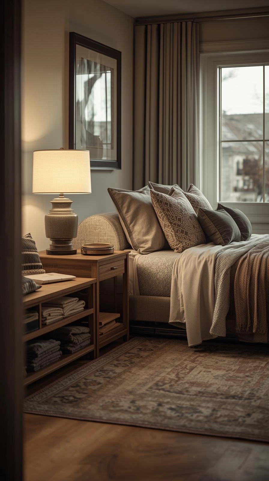 Multipurpose room with sleeper sofa, side table, and linen storage designed to transform into a comfortable guest space.