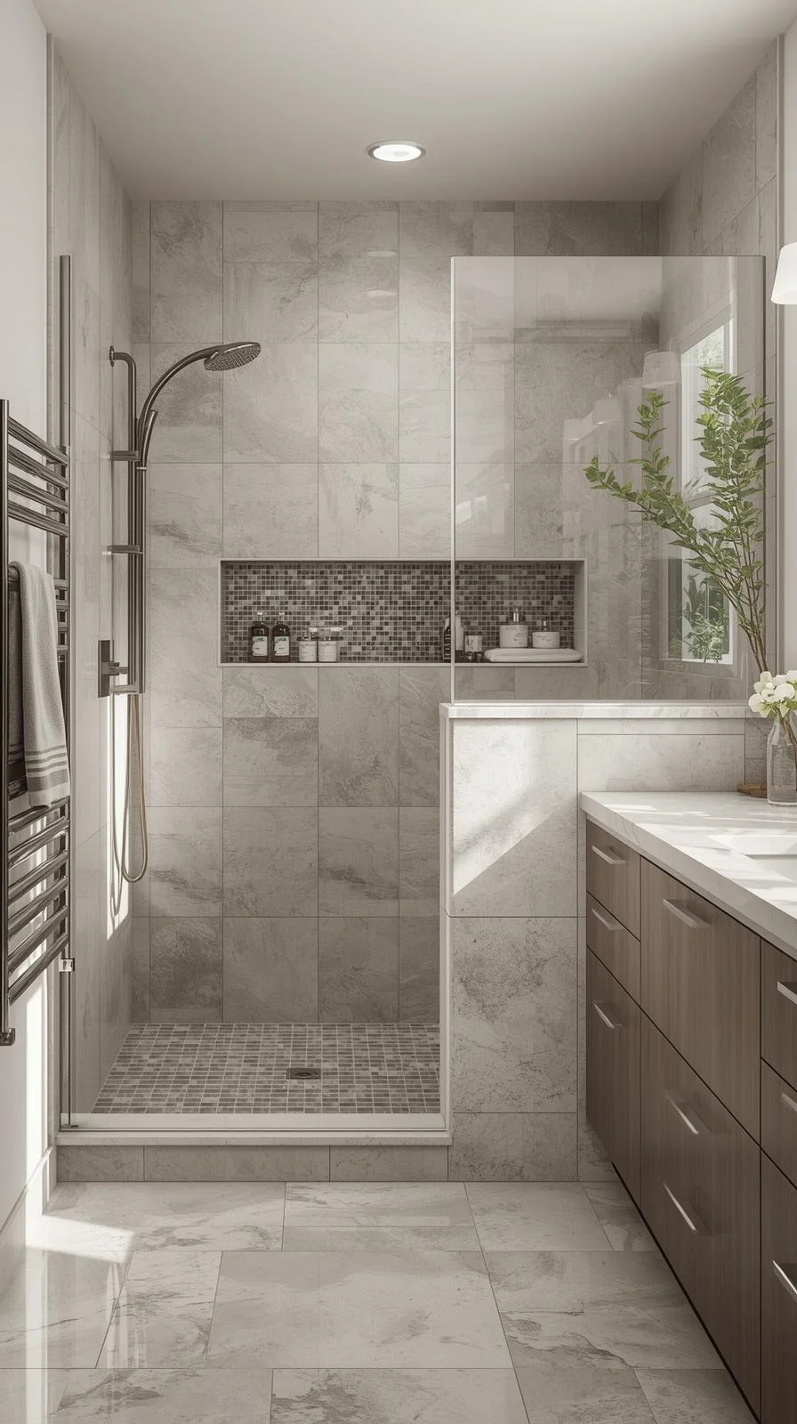 Walk in shower with wall no door ideas using a half wall with built in storage for a modern bathroom design.