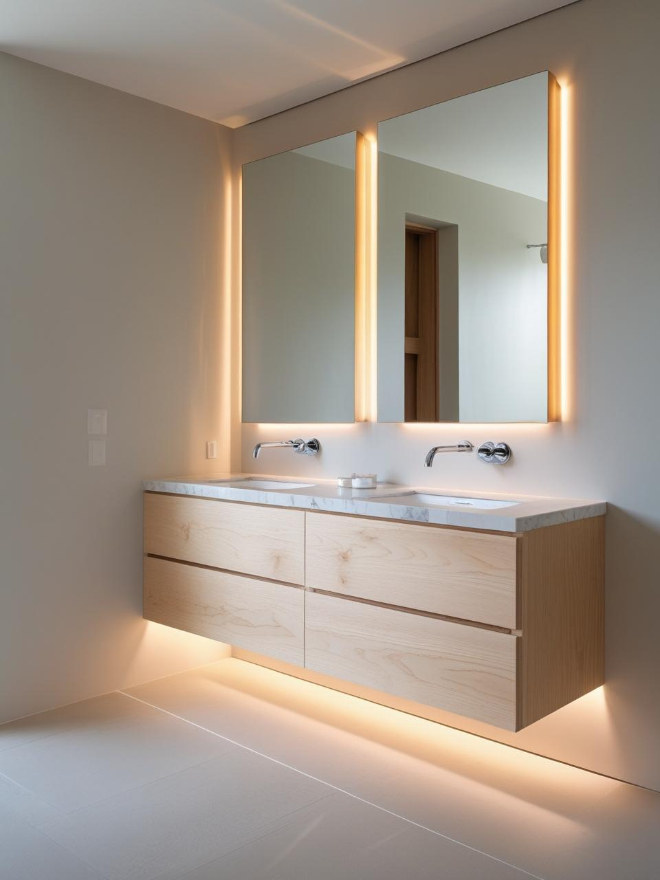 Half bathroom inspiration featuring a floating vanity with under-lighting, slim countertop, and wall-mounted faucet for a modern look.