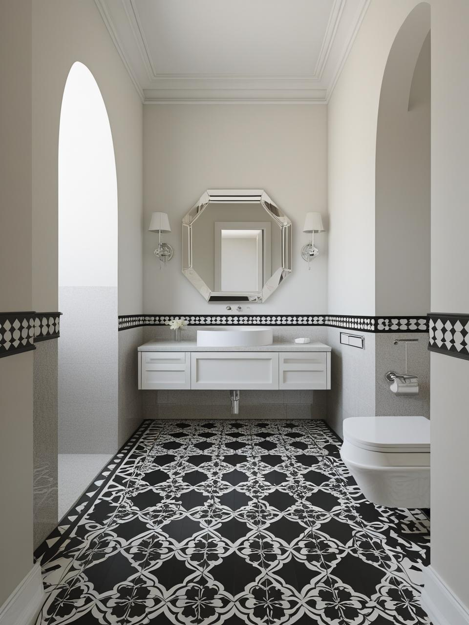 Half bathroom inspiration with Moroccan-inspired black-and-white tile flooring and simple modern fixtures.
