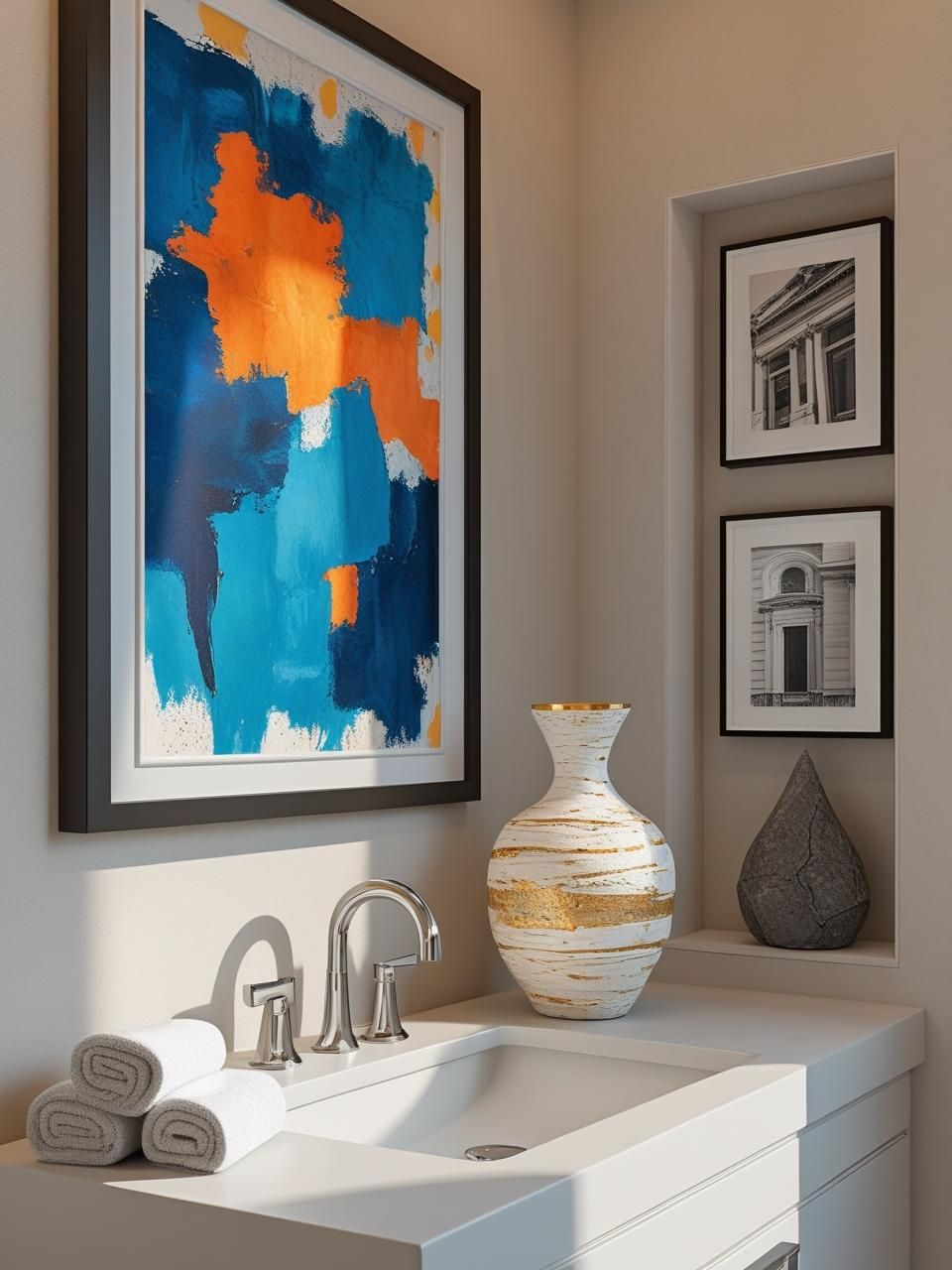 Half bathroom inspiration with abstract painting, sculptural vase, and framed art for artistic décor.