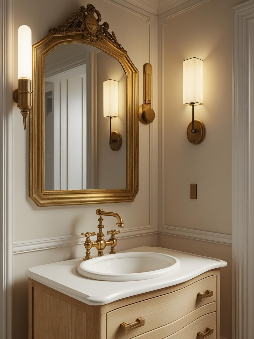 Half bathroom inspiration with antique mirror, brass faucet, and repurposed vanity for vintage character.