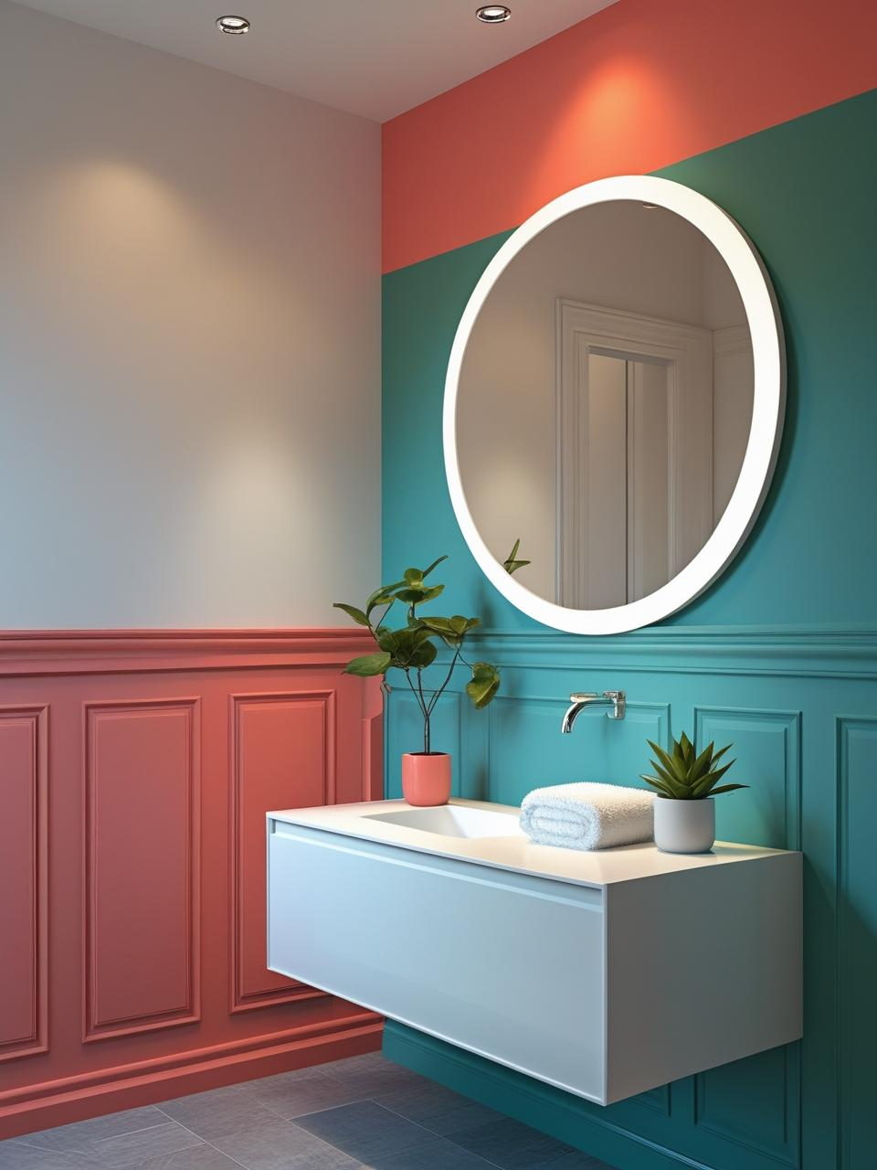 Half bathroom inspiration with coral and teal color-blocked walls, white vanity, and playful modern design.