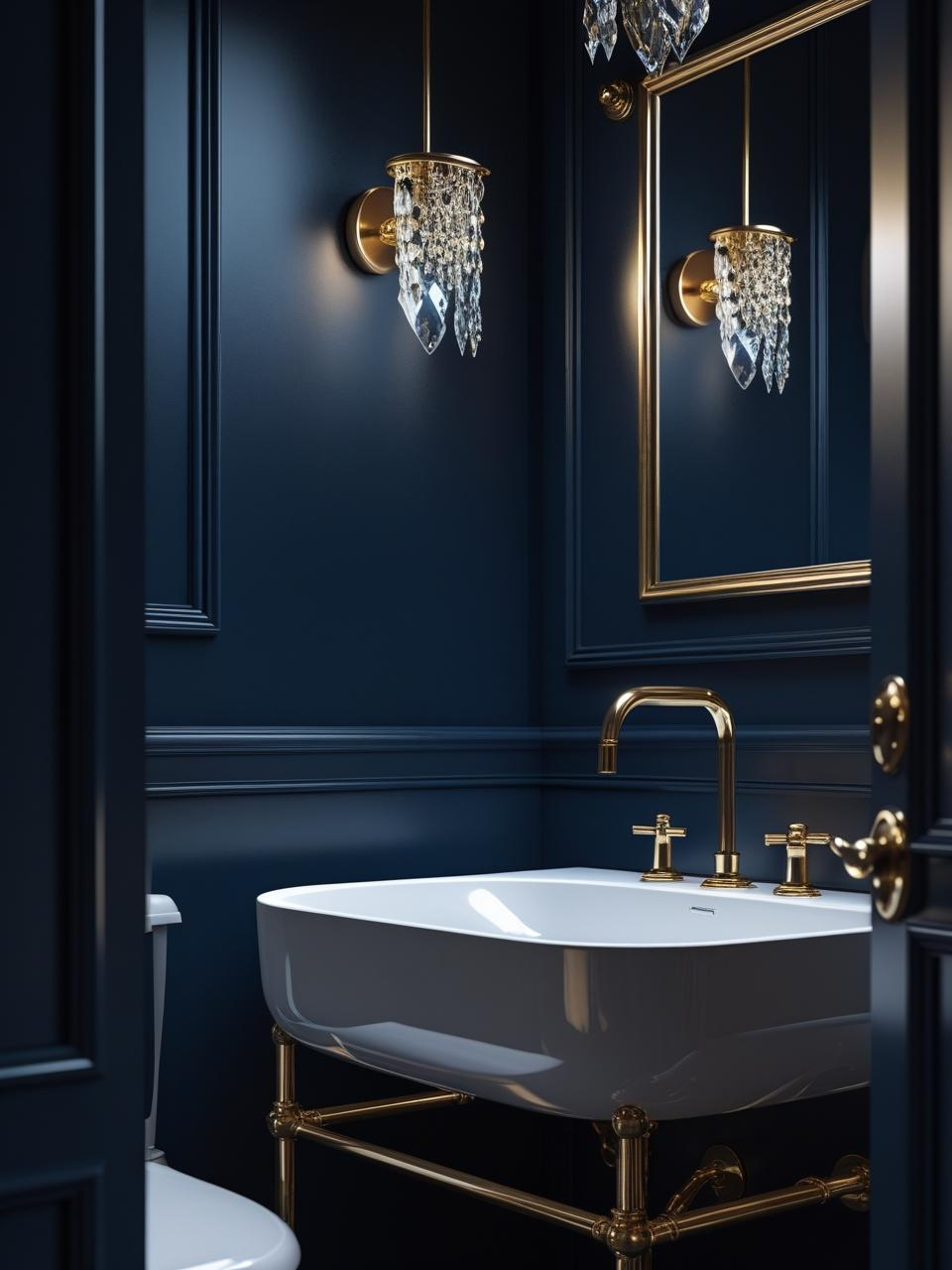 Half bathroom inspiration with deep navy walls, gold hardware, and crystal lighting for a dark and moody design.