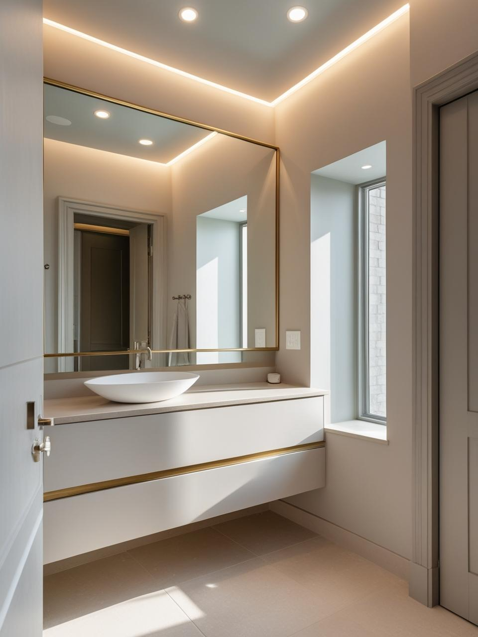 Half bathroom inspiration with oversized mirror and brass frame that doubles the space and adds brightness.