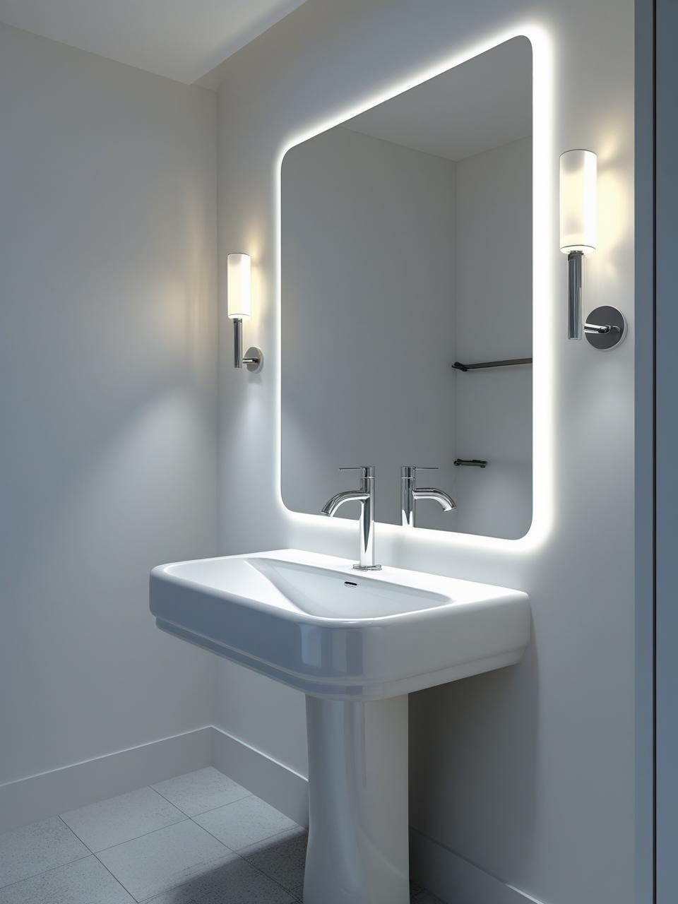 Half bathroom inspiration with pedestal sink, frameless mirror, and minimalist design for a clean modern look.