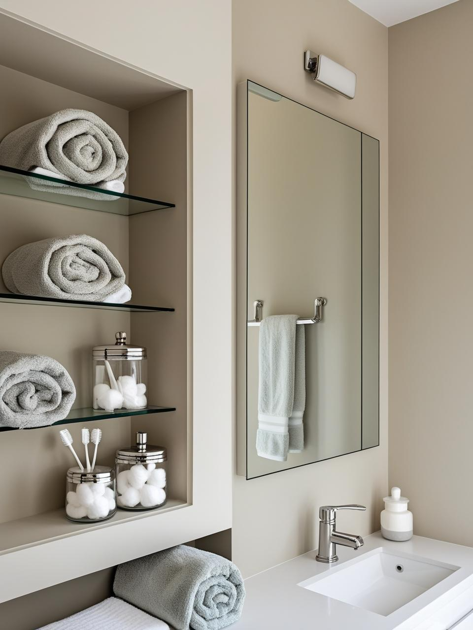 Half bathroom inspiration with recessed niches, floating glass shelves, and slim cabinets for compact storage.