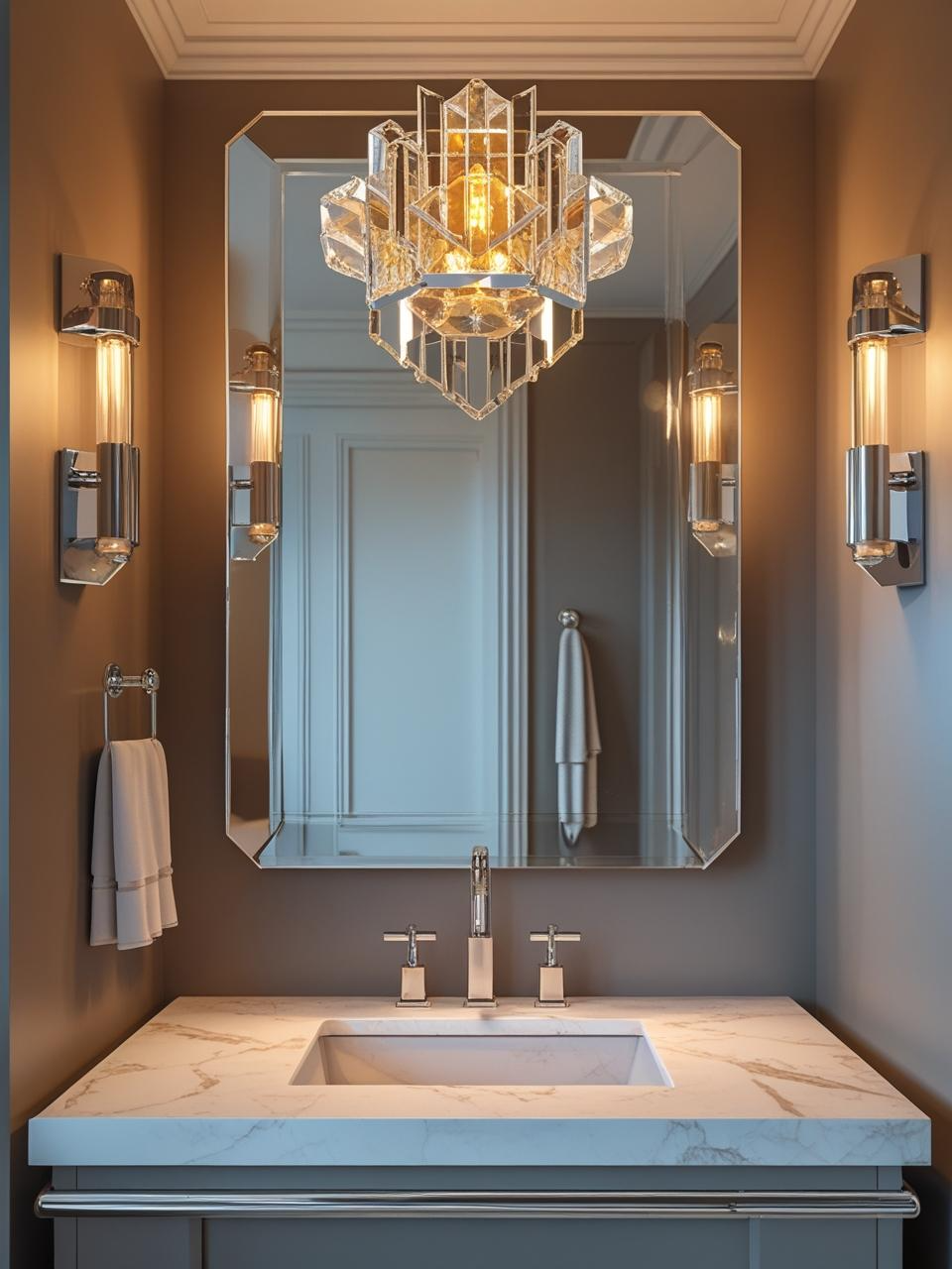 Half bathroom inspiration with statement chandelier lighting, warm bulbs, and elegant design for dramatic impact.