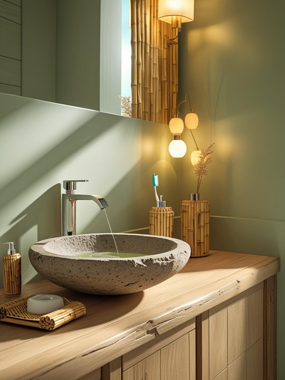 Half bathroom inspiration with stone sink, bamboo accents, and sage walls for a spa-inspired serene design.