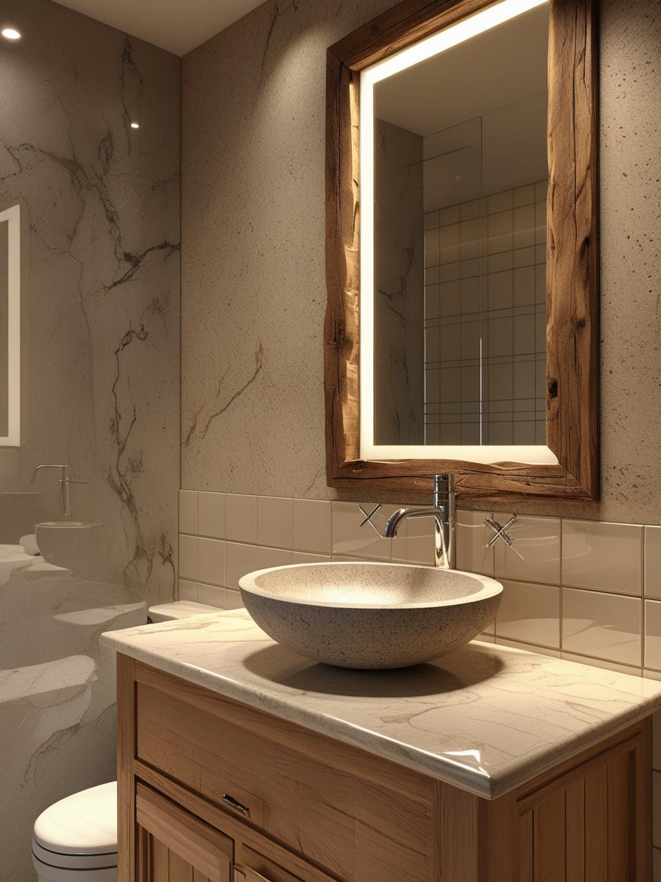 Half bathroom inspiration with stone sink, wooden vanity, marble countertop, and natural textures for warmth and balance.