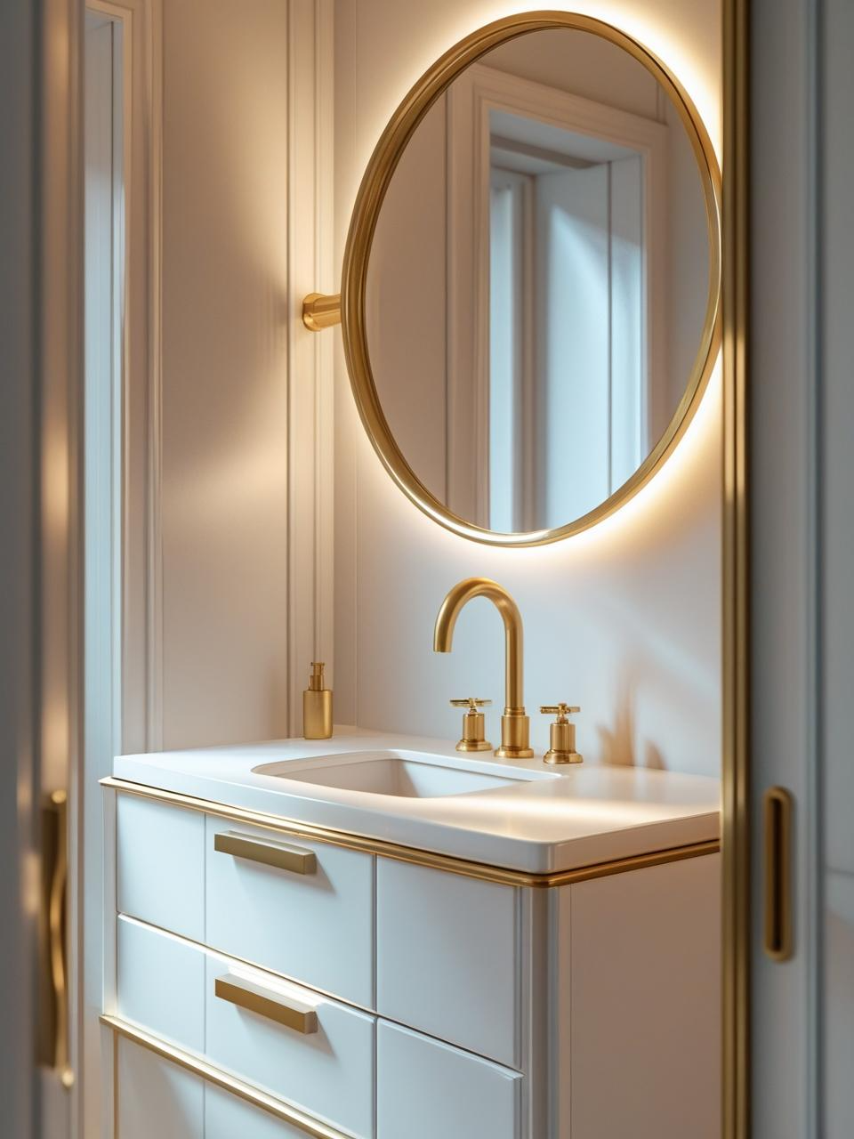 Half bathroom inspiration with copper sink, gold faucet, and brass details adding warmth and luxury.