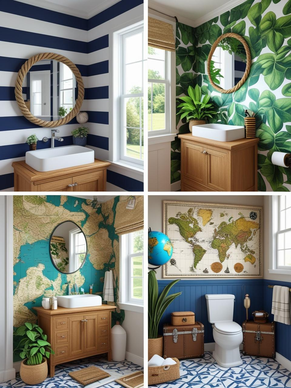 Half bathroom inspiration with playful themes like nautical stripes, leafy wallpaper, and vintage maps for personality.