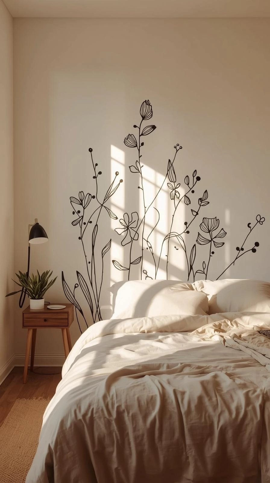 Decorating ideas for bedroom walls with a hand-drawn mural featuring abstract line art.