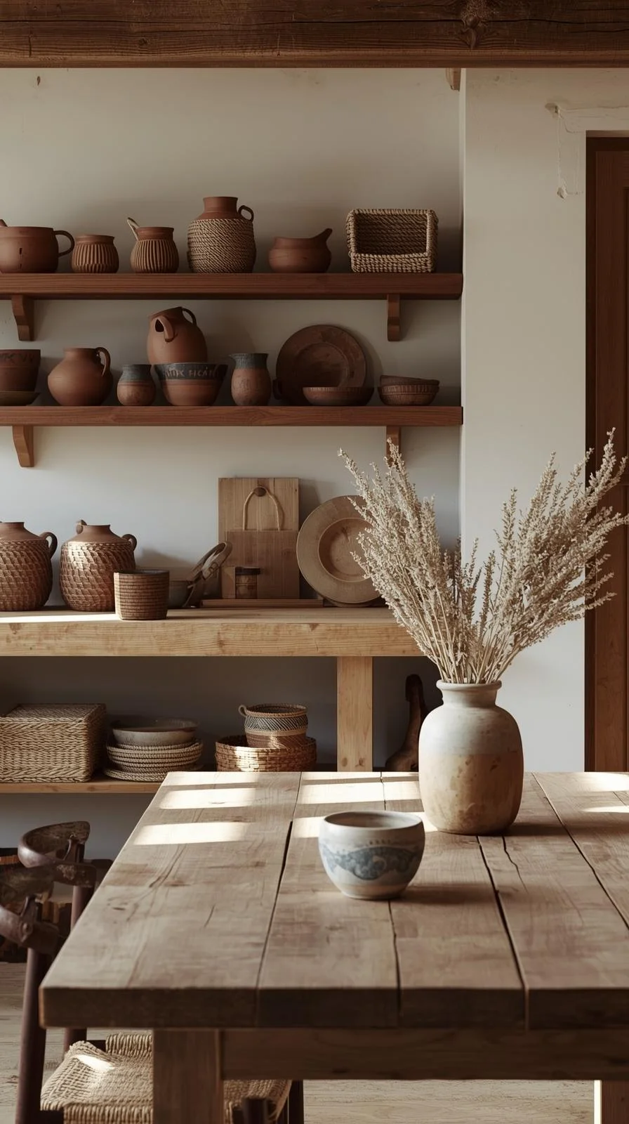 Earthy cottage home decor ideas with handmade pottery, clay mugs, ceramic bowls, and woven baskets.