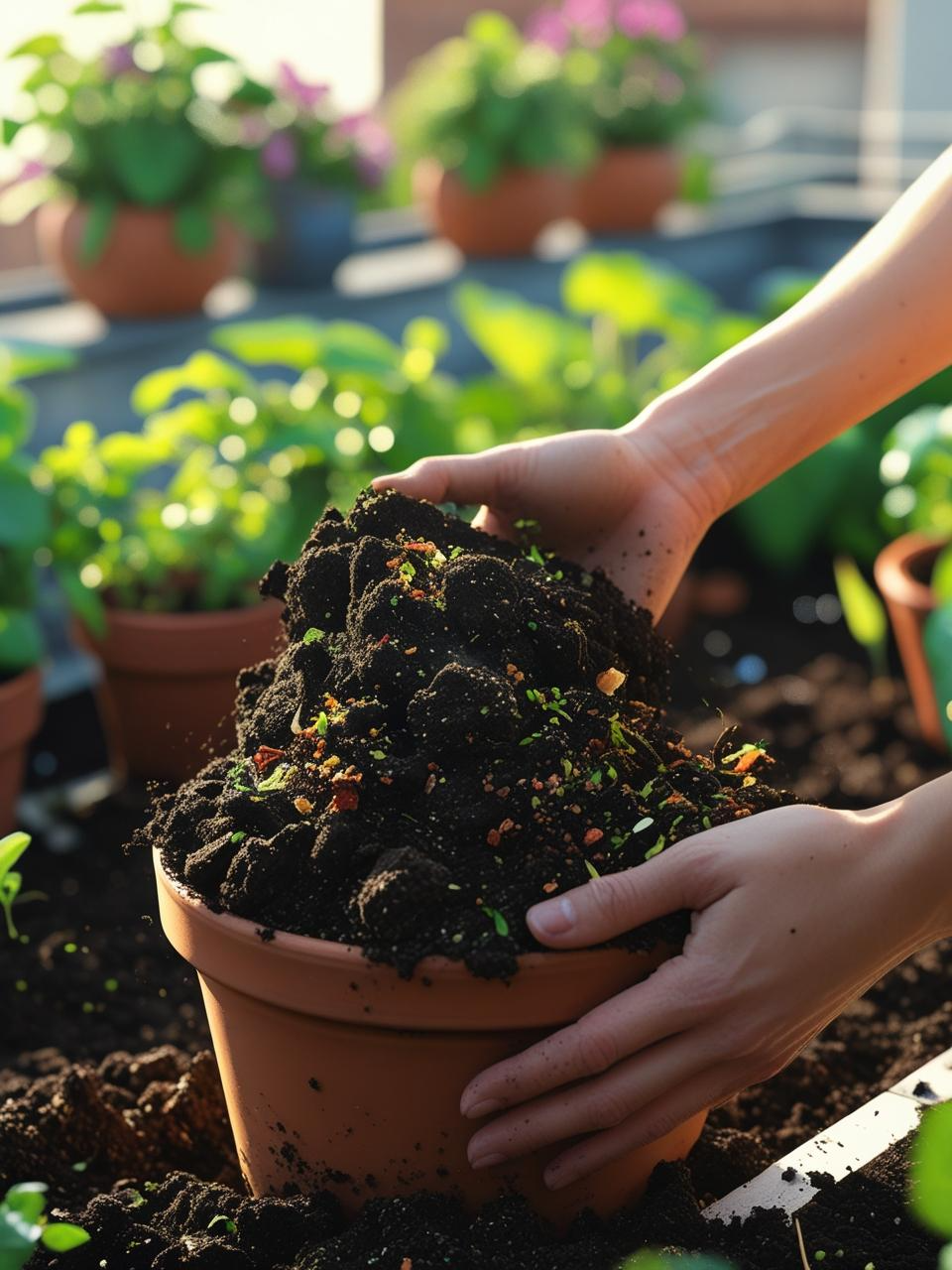 Hands mixing healthy compost into soil for a thriving terrace garden with potted plants in the background.