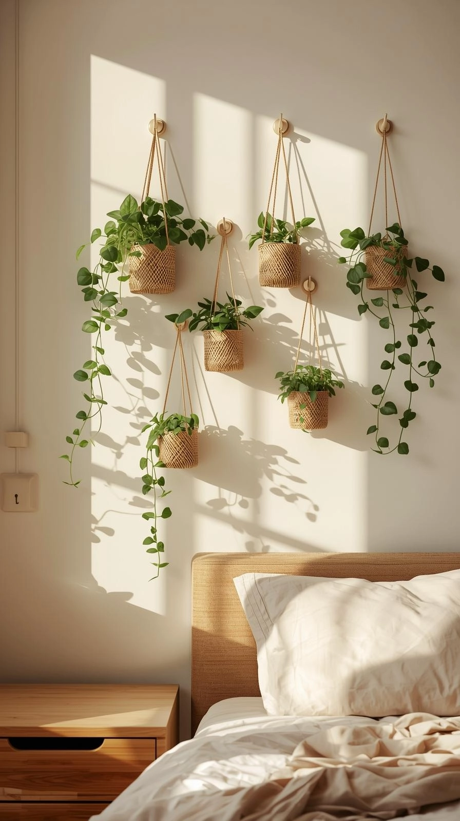 Decorating ideas for bedroom walls with homemade hanging plant holders using jars and baskets.