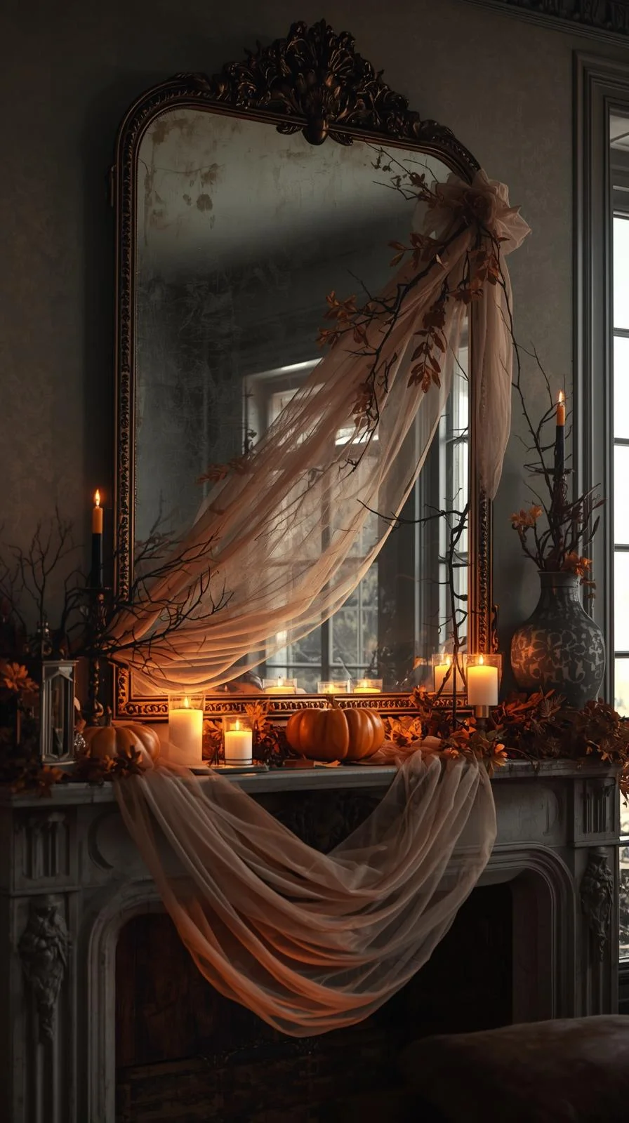 Antique mirror with candlelight and sheer fabric draped for spooky season home decor.