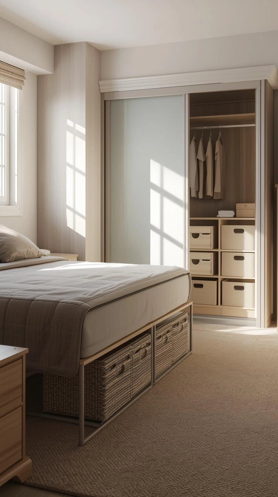 A neat dorm room using under-bed bins and cube organizers showing hidden storage dorm room decoration ideas for small spaces.