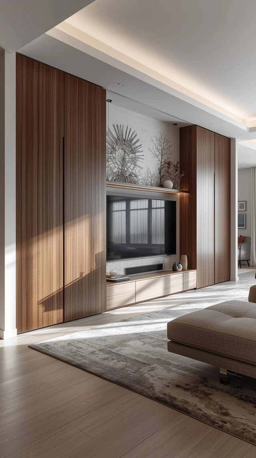 Living room with a large TV hidden behind sliding wood panels for a clean, modern design.