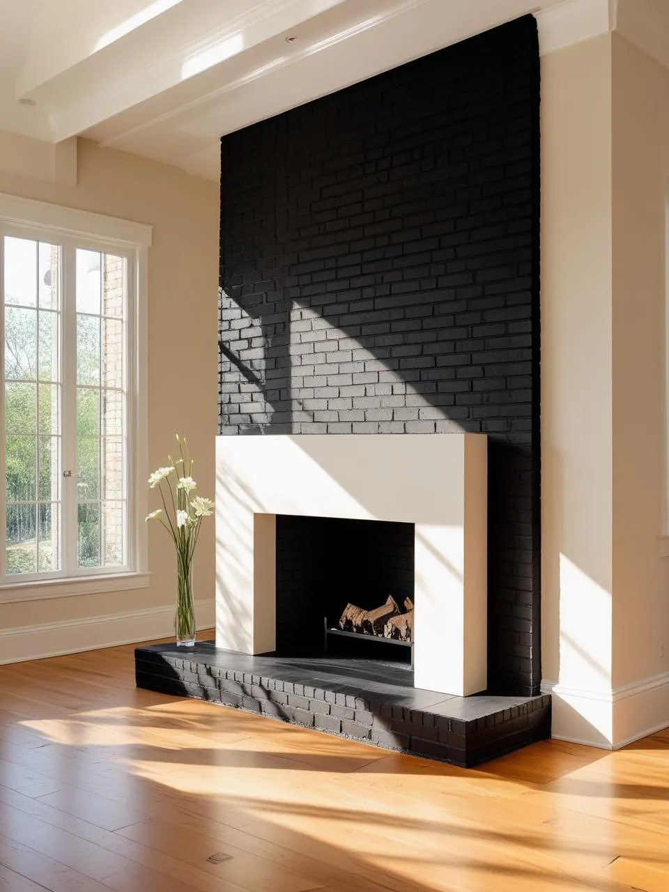 High-contrast black brick fireplace with warm white mantel, light walls, and wood floors for a dramatic living room focal point.