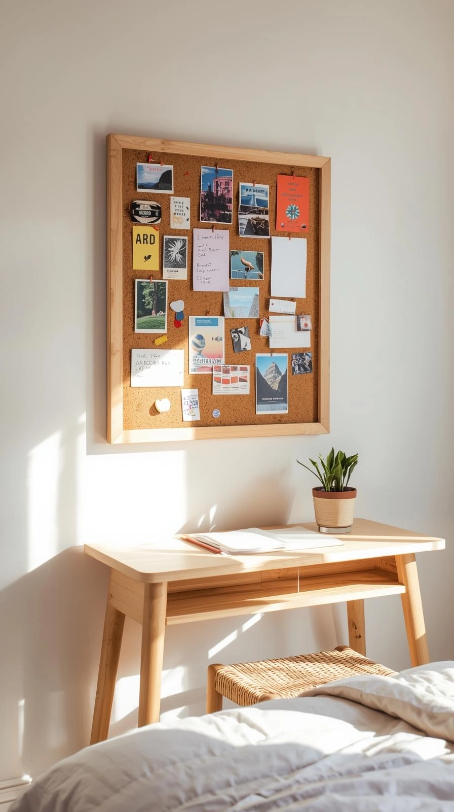Decorating ideas for bedroom walls with a homemade cork board used to display notes and postcards.