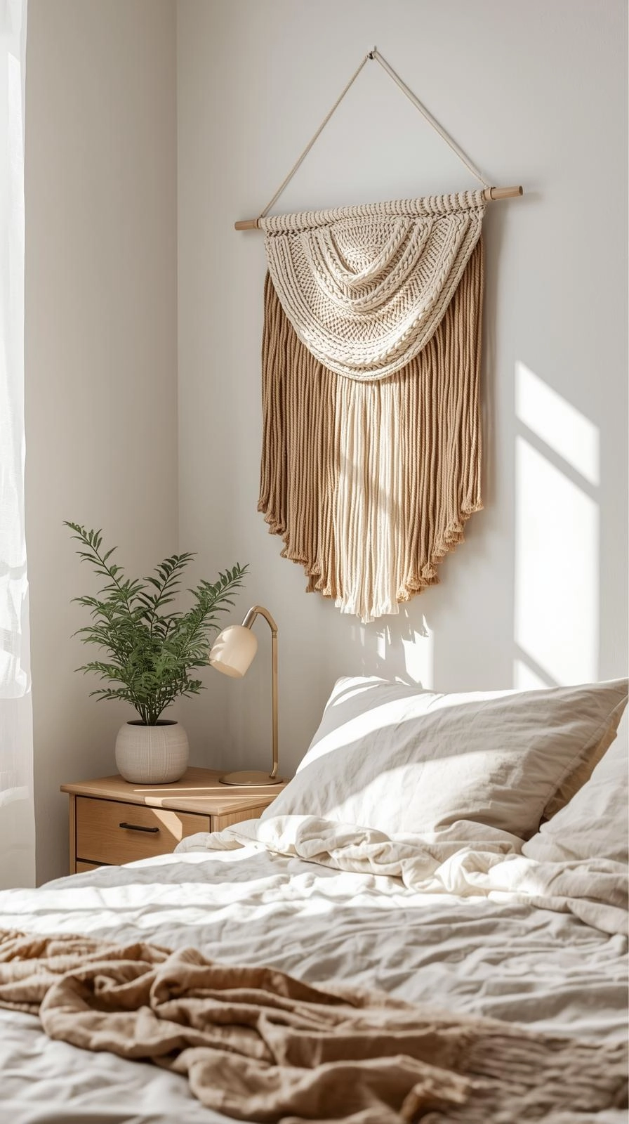 Decorating ideas for bedroom walls with homemade fabric wall hangings above the bed.