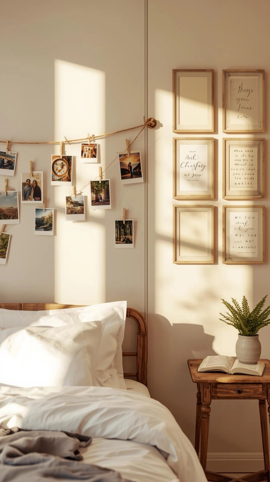 Decorating ideas for bedroom walls with homemade photo displays using string clips and DIY frames.