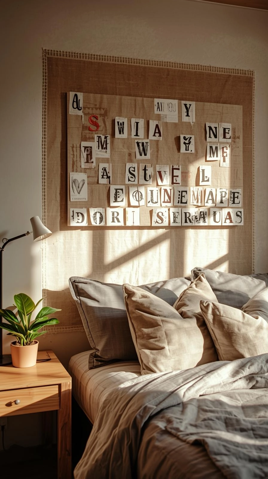 Decorating ideas for bedroom walls with homemade word art made from painted and cut-out letters.
